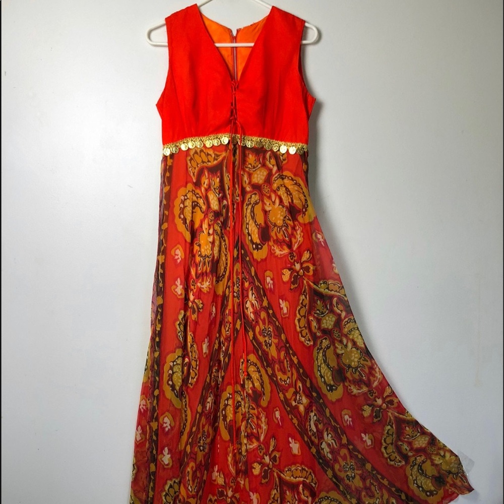 Vintage 60s 70s boho orange maxi dress paisley groovy hippie psychedelic retro